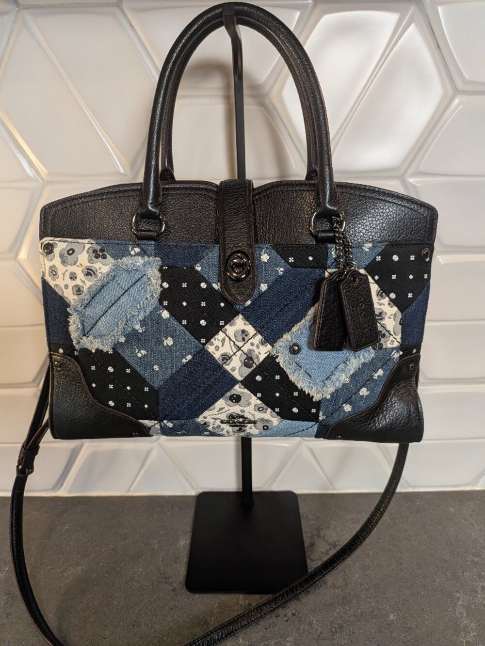 Coach Mercer Satchel Canyon Quilt Denim Leather Patchwork Black Blue